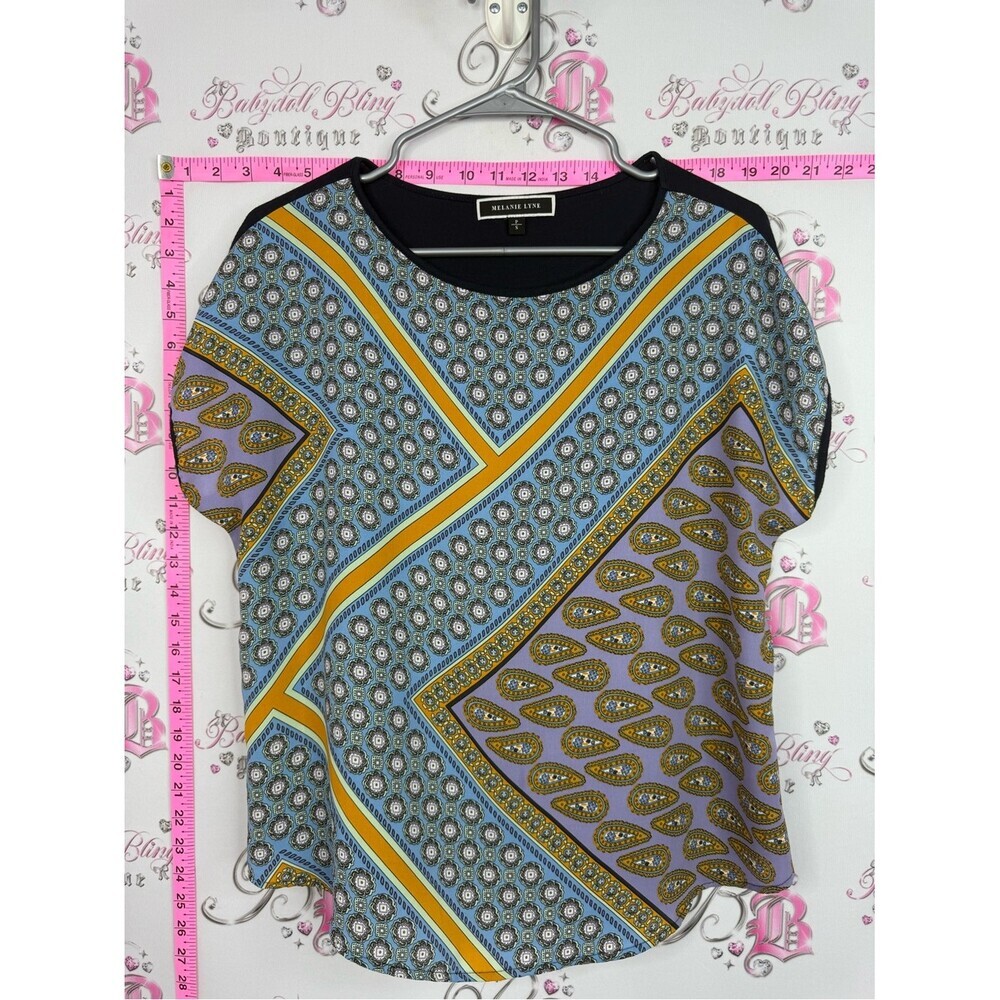 Melanie Lyne shirt Women's Blue & Yellow Printed Short Sleeve Blouse